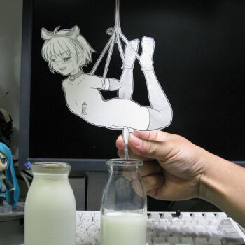 1boy 1girl androgynous animal_ears arched_back arms_behind_back bdsm bell blush bondage bottle bound bound_arms bound_legs boy_cow cameo censored character_cutout choker clenched_teeth collar computer computer_keyboard condensed_milk cow_ears crossdressing cum cum_milking ejaculation elbow_gloves erection fake_animal_ears figure gloves hairband handjob has_uncensored_version hatsune_miku hetero hogtie interactive_media jingle_bell kagamine_len male_focus mechanical_keyboard milk milk_bottle monitor neck_bell nipple_piercing nipple_tag nipples nude paper_child papercraft_(medium) penis penis_milking photo_(medium) piercing sasaki_yukinojou shota soles solo_focus suspension tears teeth thighhighs topre unconventional_media vocaloid yaoi