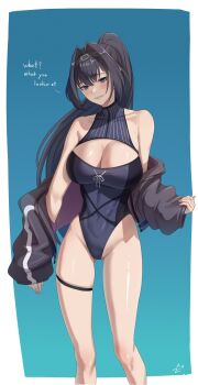 Rule 34 | absurdres, bare shoulders, blue eyes, blue hair, breasts, cleavage cutout, clothing cutout, highres, hololive, hololive english, large breasts, long legs, navel, one-piece swimsuit, ouro kronii, ponytail, swimsuit, thighs, virtual youtuber, zenya