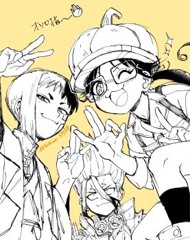 1girl 2boys asagiri_gen chelsea_childe closed_mouth dr._stone facial_mark glasses goggles greyscale_with_colored_background hat highres ishigami_senkuu long_hair looking_at_viewer monochrome multicolored_hair multiple_boys ok_sign one_eye_closed open_mouth ponytail pumpkin pumpkin_hat short_hair simple_background smile sparkle split-color_hair star_(symbol) tatara_5738 twitter_username two-tone_hair v yellow_background