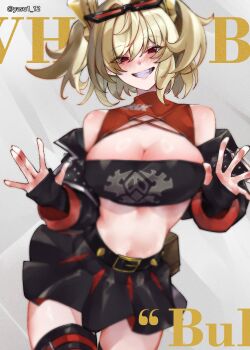 1girl absurdres bare_shoulders belt black_gloves black_jacket black_shirt black_skirt black_tube_top blonde_hair blush boots breasts burnice_white character_name cleavage cowboy_shot english_text eyewear_on_head fingerless_gloves gloves haagyu high-waist_skirt highres jacket large_breasts leather leather_jacket long_sleeves looking_at_viewer miniskirt navel off_shoulder open_clothes open_jacket pleated_skirt red-tinted_eyewear red_eyes ringed_eyes shirt short_hair skirt smile solo spiked_belt spiked_jacket stomach strapless sunglasses teeth thigh_belt thigh_boots thigh_strap thighhighs tinted_eyewear tube_top twintails watermark white_background zenless_zone_zero zettai_ryouiki