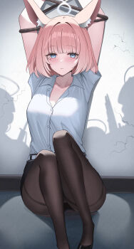 4girls absurdres animal_ears arms_up black_panties black_pantyhose blue_archive blue_eyes blush bound bound_arms breasts collarbone commentary_request fox_ears halo highres kidnapped medium_breasts miniskirt multiple_girls niko_(blue_archive) panties pantyhose parted_lips pink_hair shirt short_hair shougun_(chuckni1) sitting skirt sweat tied_up_(nonsexual) underwear white_halo white_shirt