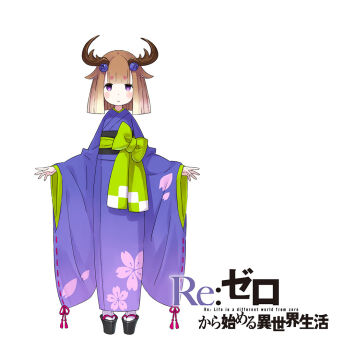 1girl animal_ears antlers black_sandals blunt_bangs blush blush_stickers brown_hair closed_mouth commentary_request copyright_name deer_antlers deer_ears deer_girl empty_eyes full_body green_sash hair_ornament horns japanese_clothes kimono long_sleeves looking_at_viewer obi official_art okobo ootsuka_shin&#039;ichirou open_hands platform_sandals purple_eyes purple_kimono re:zero_kara_hajimeru_isekai_seikatsu sandals sash short_hair simple_background solo spread_fingers standing tanza_(re:zero) tareme white_background wide_sleeves
