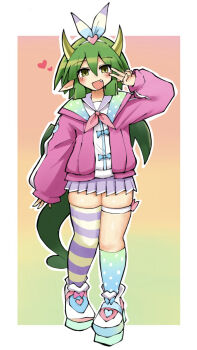 1girl arm_up asymmetrical_footwear asymmetrical_legwear blue_bow blue_jacket blue_ribbon blue_shoes blue_socks blush border bow brown_eyes character_print collar commentary_request draco_centauros draco_centauros_(miracle_charmy) dragon_girl dragon_horns dragon_tail dragon_wings fang footwear_bow gradient_background gradient_clothes gradient_jacket gradient_socks green_background green_hair green_jacket green_socks hair_between_eyes hair_ornament hair_ribbon hairband heart heart_hair_ornament heart_print horns jacket kneehighs kurokogeee long_sleeves looking_at_viewer mismatched_footwear mismatched_legwear multicolored_shoes neckerchief official_alternate_costume open_mouth orange_background outline pink_background pink_bow pink_hairband pink_jacket pink_neckerchief pink_shoes pleated_skirt pointy_ears polka_dot polka_dot_jacket polka_dot_socks purple_collar purple_ribbon purple_skirt purple_thighhighs puyo_(puyopuyo) puyopuyo puyopuyo_quest ribbon shirt shirt_bow shoes short_hair simple_background skirt sleeves_past_wrists smile socks solo striped_clothes striped_ribbon striped_thighhighs tail thick_thighs thigh_bow thigh_strap thighhighs thighs two-sided_fabric two-sided_jacket v white_border white_jacket white_outline white_shirt white_shoes white_socks white_straps white_trim wings yellow_background yellow_ribbon yellow_thighhighs