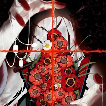 1boy absurdres black_background blue_coat charon_(reverse:1999) coat covered_face dog_tags flower gloves hands_up highres holding_dog_tags ling_(chaaaaanhikari) male_focus poppy_(flower) red_flower reverse:1999 social_media_composition too_many_flowers upper_body veil white_flower white_gloves white_veil