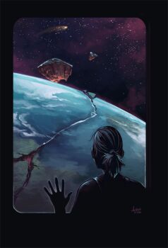 comet commentary crack dated earth_(planet) english_commentary greekceltic hand_on_window jacky_(greekceltic) original planet ponytail signature space star_(sky) tank_top window