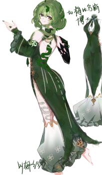 Rule 34 | 1girl, absurdres, alternate costume, chinese commentary, commentary request, dress, full body, green dress, green hair, green nails, highres, honkai (series), honkai impact 3rd, long hair, looking at viewer, mobius (honkai impact), simple background, slit pupils, smile, snake print, solo, translation request, white background, yu diandian