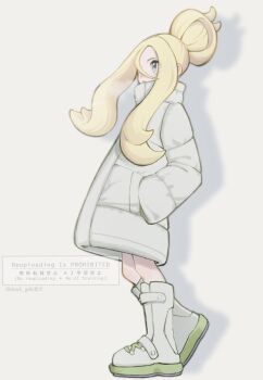 1girl bangs_over_one_eye blonde_hair blue_eyes boots breath coat hair_bun hand_in_pocket knee_boots korrina_(pokemon) long_bangs long_hair nintendo platform_boots pokemon pokemon_legends:_z-a sportswear very_long_hair winter_clothes winter_coat