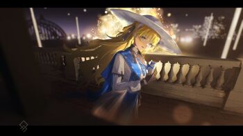 1girl absurdres artist_logo artistic_error black_gloves blonde_hair blue_eyes blue_sash commentary english_commentary gift gloves hat highres holding holding_gift letterboxed logo long_sleeves looking_at_viewer mixed_media night outdoors phoebe_(wuthering_waves) purple_sky qurami sash shirt skirt sky solo white_hat white_shirt white_skirt wuthering_waves