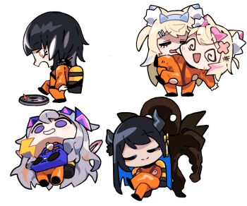 4girls @_@ alternate_costume animal_ear_fluff animal_ears black_hair blonde_hair blue_hair boombox closed_eyes dirty dog_ears explosive fake_horns fuwawa_abyssgard gem grey_hair hair_flaps hairband hazmat_suit holding holoadvent hololive hololive_english horns koseki_bijou lethal_company long_hair messy_hair mine_(weapon) mococo_abyssgard monster multicolored_hair multiple_girls nerissa_ravencroft open_mouth pink_hair purple_eyes ronin_(zeth_total) shiori_novella short_hair sitting tagme two-tone_hair virtual_youtuber white_hair wings yorick_(shiori_novella)