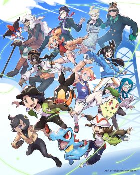 6+boys 6+girls az_(pokemon) black_bodysuit black_hair black_pants blonde_hair blue_eyes blue_hoodie blue_shirt bodysuit bracelet chikorita corbeau_(pokemon) dark-skinned_male dark_skin emma_(pokemon) floette floette_(eternal) gen_2_pokemon gen_4_pokemon gen_5_pokemon gen_6_pokemon glasses gloves green_jacket green_necktie grin harmony_(pokemon) hat highres hood hoodie jacket jett_(pokemon) jewelry kelvin-trainerk leggings lida_(pokemon) mable_(pokemon) multiple_boys multiple_girls naveen_(pokemon) necktie nintendo open_clothes open_jacket orange_vest pants paxton_(pokemon) pokemon pokemon_(creature) pokemon_legends:_z-a red_shirt rotom rotom_phone shirt shoes short_hair shorts smile taunie_(pokemon) teeth tepig totodile twitter_username urbain_(pokemon) vest vinnie_(pokemon) watermark white_leggings white_shirt white_shorts