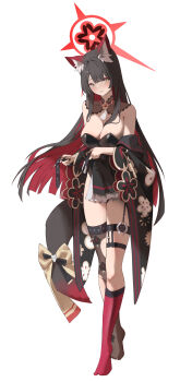 1girl absurdres animal_ear_fluff animal_ears black_hair black_kimono black_leotard black_skirt black_thighhighs blue_archive blunt_ends blush breasts cleavage colored_inner_hair commentary_request floral_print floral_print_kimono fox_ears fox_girl fox_tail halo highres japanese_clothes kimono kneehighs korean_commentary large_breasts leotard looking_at_viewer multicolored_hair open_clothes open_kimono parted_lips pink_socks pleated_skirt print_kimono red_hair red_halo single_kneehigh single_sock single_thighhigh skirt smile socks solo tail thigh_strap thighhighs torn_clothes torn_thighhighs two-tone_hair vam_(js_vam) wakamo_(blue_archive) yellow_eyes