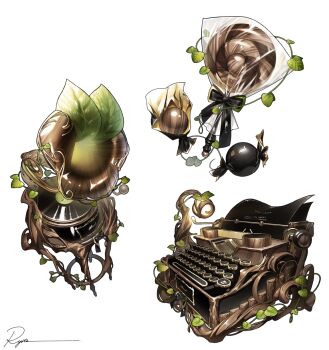 black_bow bow brown_theme candy commentary food highres leaf lollipop no_humans object_focus original phonograph ryota_(ry_o_ta) signature simple_background swirl_lollipop symbol-only_commentary typewriter white_background wrapped_candy