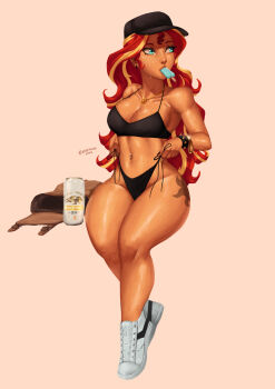 1girl bag bare_shoulders beer_can bikini body_freckles breasts can cleavage curvy drink_can food freckles hat highres jewelry looking_to_the_side multicolored_hair my_little_pony my_little_pony:_equestria_girls my_little_pony:_friendship_is_magic nire_(nirefuster) pendant popsicle pulling_own_clothes satchel shoes simple_background sneakers sunset_shimmer sunset_shimmer_(human) swimsuit tattoo wristband