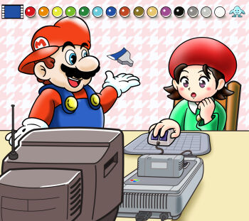 1boy 1girl absurdres adeleine black_hair blue_eyes blue_overalls blush brown_hair chair commentary_request company_connection computer_mouse crossover crt facial_hair game_console gloves hat highres holding_computer_mouse kirby_(series) kirby_64 long_sleeves mario mario_(series) mario_paint mohnyb39_resuq mousepad_(object) mr._crayon_(mario) mustache nintendo open_mouth overalls paintbrush purple_eyes radio_antenna red_hat red_shirt shirt short_hair sideways_hat super_famicom super_famicom_cartridge white_gloves