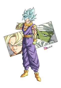 3boys absurdres beatlo_(rodrigo38658978) clenched_hand colored_skin dougi dragon_ball dragon_ball_super earrings full_body fusion green_skin highres instagram_logo instagram_username jewelry male_focus medium_hair multiple_boys muscular muscular_male orange_piccolo orange_sash orange_shirt orange_skin pants piccolo pointy_ears potara_earrings purple_pants purple_shirt shirt solo_focus son_goku spiked_hair super_saiyan super_saiyan_1 super_saiyan_blue