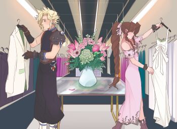 1boy 1girl absurdres aerith_gainsborough armor armored_gloves baggy_pants bangle bare_shoulders belt black_pants black_shirt blonde_hair boots bracelet braid braided_ponytail breasts brown_belt brown_boots brown_gloves brown_hair cloud_strife couple dissidia_final_fantasy dress earrings feet_out_of_frame final_fantasy final_fantasy_vii flower gloves green_eyes hair_bobbles hair_ornament hair_ribbon hetero highres indoors jacket jewelry long_dress long_hair materia medium_breasts official_alternate_costume pants parted_bangs pauldrons pink_dress pink_flower pink_ribbon pink_rose pink_tulip puffy_short_sleeves puffy_sleeves ribbon rose shirt shopping short_hair short_sleeves shoulder_armor sidelocks silver_trim single_bare_shoulder single_braid single_earring single_pauldron skirtzzz sleeveless sleeveless_turtleneck spiked_hair suit_jacket suspenders table tulip turtleneck vase wedding_dress white_boots white_dress white_jacket