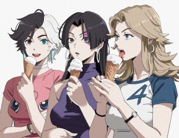 3girls black_eyes black_hair blonde_hair blue_eyes breasts brown_eyes commentary earrings english_commentary fantastic_four food gen_1_pokemon grey_background heterochromia highres holding holding_ice_cream_cone hoop_earrings ice_cream ice_cream_cone jewelry jigglypuff luna_snow marvel marvel_rivals medium_breasts multicolored_hair multiple_girls nintendo pink_shirt pokemon psylocke shiren_(ourboy83) shirt short_sleeves simple_background sleeveless sue_storm t-shirt turtleneck two-tone_hair two-tone_shirt upper_body watch white_hair white_shirt wristwatch x-men