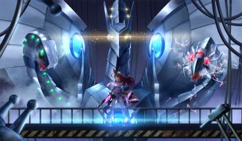 1girl animal_ears brown_hair cyber_end_dragon detached_sleeves glowing glowing_eyes highres hitoshi_(mokafukutv) horse_ears horse_girl lightning long_hair long_tail looking_at_viewer looking_back machine mihono_bourbon_(umamusume) non-humanoid_robot robot_dragon tail umamusume wire yu-gi-oh! yu-gi-oh!_gx