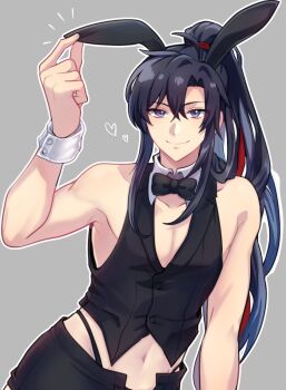1boy ahoge alternate_costume animal_ears aslle bare_arms bare_shoulders black_bow black_bowtie black_hair black_panties black_shirt black_shorts bow bowtie closed_mouth collarbone commentary_request crop_top crossdressing crossdressing_(mtf) detached_collar fake_animal_ears girly_boy grey_background hair_ribbon hand_up heart highres long_hair looking_at_viewer male_focus male_playboy_bunny midriff modao_zushi navel panties pectoral_cleavage pectorals playboy_bunny ponytail purple_eyes rabbit_ears red_ribbon ribbon shirt short_shorts shorts sidelocks simple_background sleeveless sleeveless_shirt smile solo underwear wei_wuxian wrist_cuffs