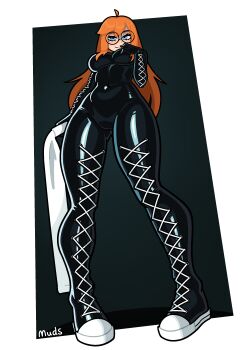 1girl absurdres ahoge artist_name black_bodysuit blue_eyes bodysuit converse cross-laced_clothes glasses highres latex latex_bodysuit long_hair looking_at_viewer muds orange_hair original round_eyewear siri_jay smile solo