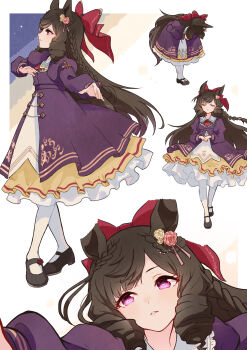 1girl absurdres animal_ears black_hair black_shoes bow bowing closed_eyes commentary_request daiichi_ruby_(brilliant_red_gemstone)_(umamusume) daiichi_ruby_(umamusume) dress drill_hair hair_ornament highres horse_ears horse_girl horse_tail izu_lemon long_hair multiple_views purple_dress purple_eyes red_bow shoes simple_background tail umamusume