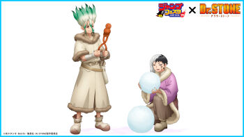 2boys absurdres asagiri_gen black_hair blue_border boots border brown_pants coat copyright_name copyright_notice dr._stone facial_mark full_body fur-trimmed_boots fur-trimmed_sleeves fur_coat fur_trim green_eyes green_hair highres holding ishigami_senkuu logo looking_at_viewer male_focus multicolored_hair multiple_boys official_art on_one_knee pants promotional_art purple_coat robe simple_background smile snowball spiked_hair staff standing two-tone_hair white_background white_hair winter_clothes