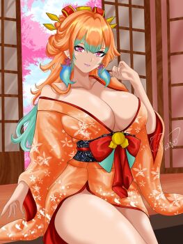 1girl breasts cleavage earrings feather_earrings feathers highres hololive hololive_english japanese_clothes jewelry kimono long_hair looking_at_viewer multicolored_hair obi orange_hair print_kimono purple_eyes sash smile takanashi_kiara valneeko virtual_youtuber