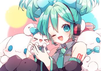1girl ;d bare_shoulders black_sleeves black_thighhighs blue_bow blue_eyes blue_hair blue_necktie bow character_name cinnamiku cinnamoroll collared_shirt colorful_background commentary_request detached_sleeves double-parted_bangs feet_out_of_frame fuwa_fuwa_cinnamoroll grey_shirt hair_between_eyes hair_bow hatsune_miku headset holding kaho_0102 knees_up long_sleeves looking_at_viewer necktie number_tattoo one_eye_closed open_mouth sanrio shirt short_hair shoulder_tattoo sitting sleeveless sleeveless_shirt smile tattoo thighhighs twintails updo vocaloid