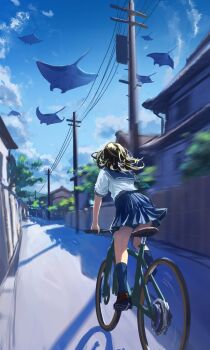 1girl bicycle black_hair black_shoes blue_sailor_collar blue_skirt blue_sky blue_socks building commentary_request day fish floating_hair flying_fish full_body highres house long_hair manta_ray miniskirt motion_lines original outdoors pleated_skirt power_lines riding riding_bicycle road sailor_collar sanmen_(threeface_il) school_uniform serafuku shade shirt shoes short_sleeves skirt sky socks solo street summer_uniform utility_pole white_shirt