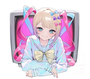 blue_eyes bow chouzetsusaikawa_tenshi-chan eyeshadow hair_ornament heart highres iridescent iridescent_clothes leaning_forward long_hair makeup multicolored_hair multicolored_nails nail_polish needy_girl_overdose ohisashiburi pale_skin pink_eyeshadow school_uniform serafuku smile star_(symbol) television twintails white_background