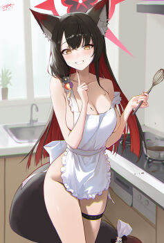 Rule 34 | 1girl, animal ear fluff, animal ears, apron, black hair, blue archive, blush, breasts, chocolate, chocolate making, chocolate on body, chocolate on breasts, cleavage, colored inner hair, commentary, cooking, food on body, fox ears, fox girl, fox tail, frilled apron, frills, fritz614, highres, holding, holding whisk, index finger raised, kitchen, kitchen hood, large breasts, looking at viewer, multicolored hair, naked apron, red hair, smile, solo, tail, thigh strap, thighs, wakamo (blue archive), whisk, white apron, yellow eyes