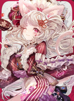 1girl ;3 animal_ears blush cat_ears cat_tail closed_mouth commentary_request cup floral_print frilled_sleeves frills hair_ornament highres japanese_clothes kimono komorihikki long_hair long_sleeves looking_at_viewer nail_polish one_eye_closed original pink_eyes red_eyes red_kimono red_nails sensitive sleeves_past_wrists smile solo tail white_hair wide_sleeves