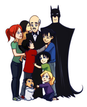 3girls 6+boys alfred_pennyworth baby barbara_gordon batman batman_(series) black_hair blonde_hair blue_eyes blue_shirt bow bowtie brother_and_sister brothers bruce_wayne cape carrying cassandra_cain damian_wayne dc_comics denim dick_grayson facial_hair family father_and_daughter father_and_son formal_clothes freckles glasses green_shirt hug jason_todd jeans lowres multiple_boys multiple_girls mustache orange_hair pants ponytail purple_shirt red_shirt shirt siblings stephanie_brown suit tim_drake tuxedo wink yellow_shirt