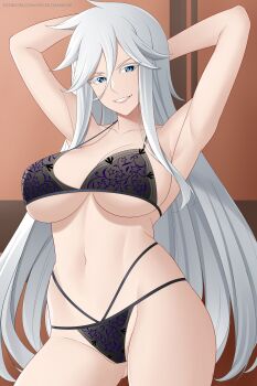 1girl aslindsamure blue_eyes bra breasts eden's_zero large_breasts long_hair panties sister_ivry smile underwear white_hair