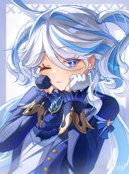 1girl ahoge alternate_costume ascot asymmetrical_gloves black_gloves blue_ascot blue_eyes blue_hair blue_jacket blush closed_mouth comic_lo commentary_request drop-shaped_pupils furina_(genshin_impact) genshin_impact gloves hair_between_eyes hair_intakes hands_on_own_cheeks hands_on_own_face highres jacket long_hair long_sleeves looking_at_viewer mismatched_gloves morocha1130 one_eye_closed signature smile solo symbol-shaped_pupils twintails twintails_day very_long_hair white_gloves white_hair