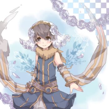 Rule 34 | 1boy, alternate color, animal, animal around neck, belt, blue background, blue shirt, bridal veil, brown belt, brown eyes, brown hair, closed mouth, commentary request, detached sleeves, flower, fox, grey sleeves, kawachi (hina), looking at viewer, lowres, male focus, professor (ragnarok online), purple flower, ragnarok online, shirt, short hair, sleeveless, sleeveless shirt, smile, solo, striped sleeves, upper body, veil, yellow sleeves