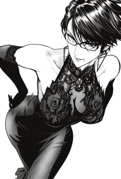 1girl absurdres bare_shoulders bayonetta bayonetta_(series) bayonetta_2 breasts commentary dress earrings elbow_gloves english_commentary glasses gloves greyscale highres jewelry large_breasts looking_at_viewer mole mole_under_mouth monochrome mostlybluewyatt parted_lips rectangular_eyewear short_hair smile solo