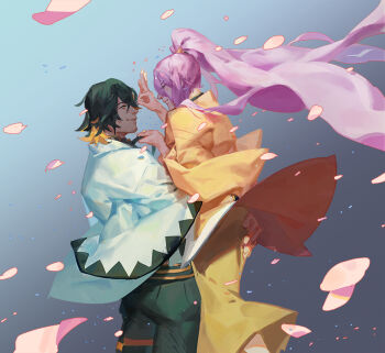 2boys closed_mouth commentary_request facial_hair flick forehead_flick goatee_stubble gradient_background green_hair green_pants grey_background hachisuka_kotetsu hair_between_eyes hand_on_another&#039;s_ass japanese_clothes long_hair looking_at_another male_focus multiple_boys nagasone_kotetsu ncww_rinichi pants petals ponytail short_hair stubble touken_ranbu very_long_hair wide_sleeves yaoi