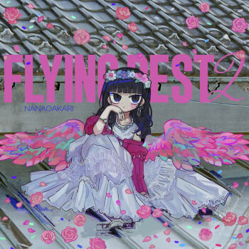 1girl album_cover black_eyes black_hair blunt_bangs bracelet character_name cover dress flower flower_wreath hand_up head_wreath highres indie_utaite jewelry long_dress long_hair looking_at_viewer multiple_rings nanawo_akari petals pink_flower pink_rose pink_wings ring rose sitting solo terada_tera white_dress wings