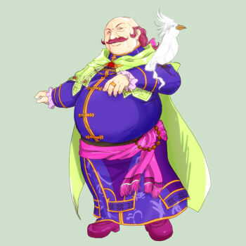 1boy animal_on_arm balding bird commentary_request facial_hair fat fat_man fire_emblem fire_emblem:_radiant_dawn frilled_sleeves frills full_body jewelry looking_at_viewer male_focus mustache nintendo old old_man oliver_(fire_emblem) pesrev ring simple_background