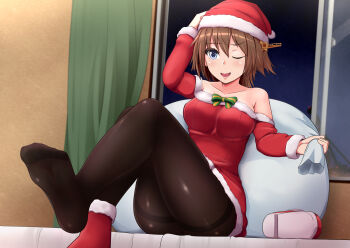 1girl black_pantyhose blue_eyes boots breasts brown_hair christmas detached_sleeves fur-trimmed_headwear fur-trimmed_sleeves fur_trim hairband hat headgear hiei_(kancolle) hiei_kai_ni_(kancolle) indoors kantai_collection long_sleeves medium_breasts nikku_(nzaf5832) one_eye_closed open_window pantyhose red_footwear red_headwear red_sleeves sack santa_boots santa_costume santa_hat shoes short_hair single_shoe sitting solo thighband_pantyhose window