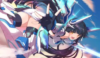 1girl arm_armor armor bare_shoulders black_gloves blue_hair blunt_bangs blurry blurry_background blush breasts brown_eyes damokan66 energy_sword fingerless_gloves from_behind gloves gradient_sky highres holding holding_sword holding_weapon idolmaster idolmaster_million_live! idolmaster_million_live!_theater_days kitakami_reika leg_armor long_hair looking_at_viewer low_twintails mecha_musume mechanical_arms mechanical_ears mechanical_legs mechanical_wings medium_breasts miniskirt open_hand open_mouth pencil_skirt reaching reaching_towards_viewer robot_ears serious skirt sky solo sword teeth twintails twintails_with_hair_base very_long_hair weapon white_skirt wings
