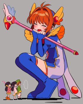 Rule 34 | 1boy, 3girls, antenna hair, blue boots, blue gloves, boots, brown hair, cardcaptor sakura, commentary, daidouji tomoyo, dress, fingerless gloves, full body, giant, giantess, gloves, hair ornament, holding, holding wand, juliet sleeves, kinomoto sakura, li meiling, li syaoran, long sleeves, multiple girls, puffy sleeves, sanamaru (sana79261827), short hair, squatting, tears, thigh boots, wand, white dress, wing hair ornament