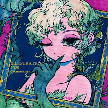 1girl 2025 commentary_request elbow_gloves eyeshadow flower gloves green_eyes hair_flower hair_ornament half-closed_eyes illustration.media limited_palette makeup marker_(medium) mismatched_eyebrows multicolored_eyes one_eye_closed parted_bangs parted_lips picture_frame pink_eyeshadow plant portrait short_hair solo strapless traditional_media wavy_hair yamakita_higashi