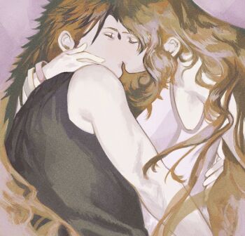 1boy 1girl aerith_gainsborough arm_around_neck bangle bare_shoulders black_hair black_sweater bracelet brown_hair closed_eyes commentary couple crisis_core:_final_fantasy_vii dress final_fantasy final_fantasy_vii final_fantasy_vii_remake from_side hand_on_another's_cheek hand_on_another's_face jewelry kiss long_hair pink_dress profile sleeveless sleeveless_dress sleeveless_turtleneck spiked_hair sweater tori_(labyrinth_fft) turtleneck turtleneck_sweater upper_body zack_fair