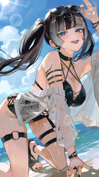 Rule 34 | 1girl, absurdres, adjusting eyewear, all fours, alternate costume, alternate hairstyle, armlet, barbell piercing, bare shoulders, beach, bikini, black bikini, black hair, black nails, black sandals, blue eyes, blue sky, bracelet, breasts, cleavage, day, ear piercing, eyewear on head, feet, floating hair, garter straps, grey hair, highres, hime cut, hololive, hololive dev is, industrial piercing, jewelry, juufuutei raden, large breasts, long hair, looking at viewer, multicolored hair, nail polish, nanjo maya, o-ring, o-ring thigh strap, ocean, outdoors, piercing, sandals, shore, single garter strap, sky, solo, swimsuit, swimsuit cover-up, thigh strap, toenail polish, toenails, toes, twintails, two-tone hair, virtual youtuber, wet