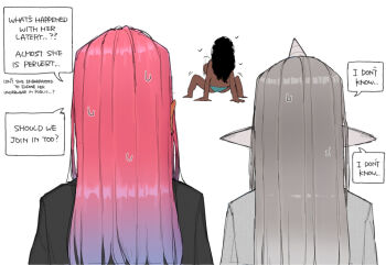 3girls black_hair blue_panties broccoli_(ohasi) colored_skin commentary dark-skinned_female dark_skin english_text facing_another female_pervert from_behind grey_hair grey_skin heart horns kinky_hair long_hair long_pointy_ears looking_at_another multiple_girls ohasi oni oni_(ohasi) original panties pervert pink_(ohasi) pointy_ears single_horn speech_bubble spread_legs sweatdrop symbol-only_commentary topless_female underwear underwear_only very_dark_skin