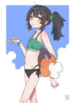 1girl ahoge akari_(raigou) bikini black_hair blue_sky boned_meat border bracelet closed_mouth cloud elf fang flat_chest food hair_ornament hairclip highres inflatable_toy jewelry meat original outdoors pointy_ears raigou seal_impression side-tie_bikini_bottom skin_fang sky solo swimsuit thick_eyebrows v white_border yellow_eyes