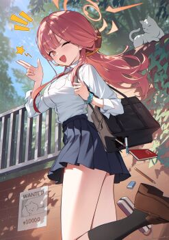 1girl ;d absurdres aru_(blue_archive) black_skirt black_socks blue_archive blush breast_pocket brown_bag brown_shoes cat collared_shirt commentary day dress_shirt eraser fingernails foot_up from_side halo hand_up hashtag-only_commentary highres long_hair looking_at_viewer notebook notice_lines okkimon one_eye_closed open_mouth outdoors pen pleated_skirt pocket red_eyes red_hair red_halo shirt shoes skirt smile socks solo torn_bag very_long_hair wanted_poster white_cat white_shirt