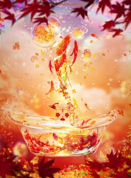 autumn_leaves bathtub blurry blurry_foreground bubble commentary_request depth_of_field fish flower highres leaf makoron117117 no_humans original surreal warm_colored